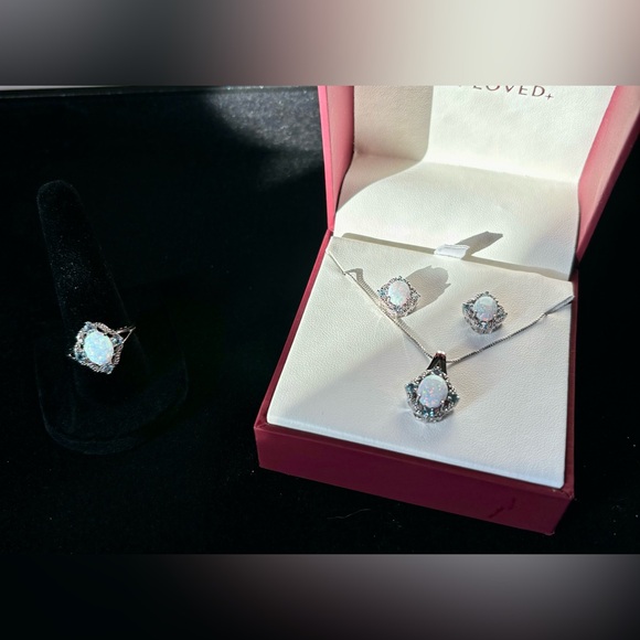 Opal with Natural Diamond and Blue Topaz Ring, Earrings and Necklace Set $750 - Picture 4 of 5